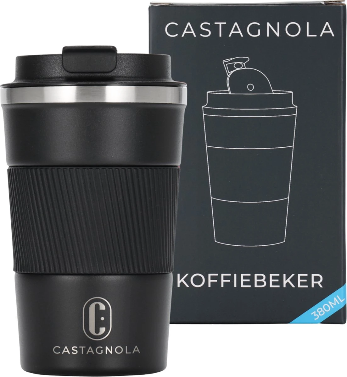 Castagnola Design RVS Koffiebeker To Go - Zwart - 380ml - Thermosbeker - Theebeker Castagnola Design RVS Koffiebeker To Go - Zwart - 380ml - Thermosbeker - Theebeker -Beroemde Keukenserie Winkel