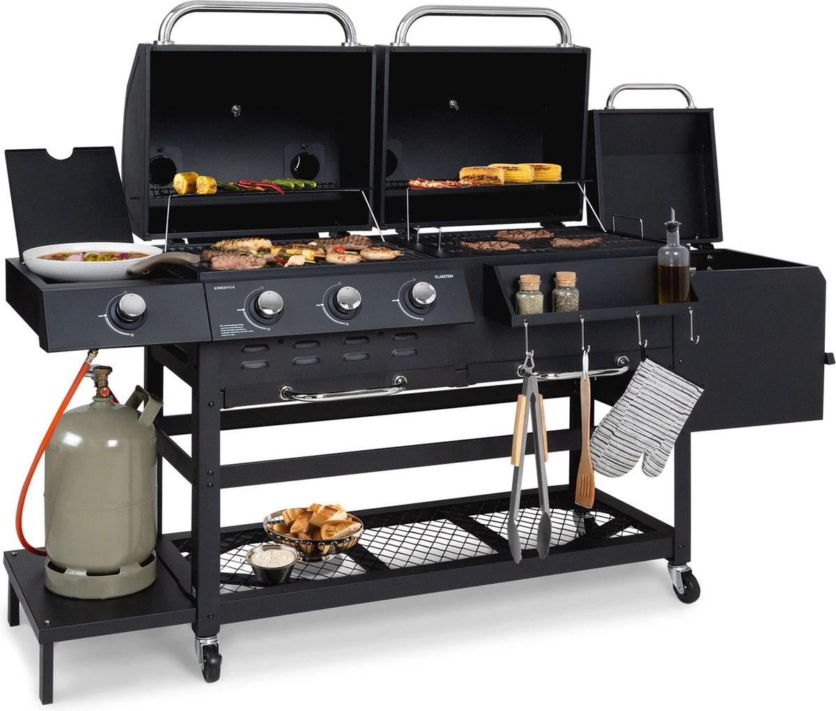 Klarstein Kingsville Double barbecue - Houtskool- en gasbarbecue - Smoker BBQ - Inclusief deksels en thermometer - Met 2 roosters - Zwart Klarstein Kingsville Double Barbecue - Houtskool- En Gasbarbecue - Smoker BBQ - Inclusief Deksels En Thermometer - Met 2 Roosters - Zwart -Beroemde Keukenserie Winkel 1200x1020 2
