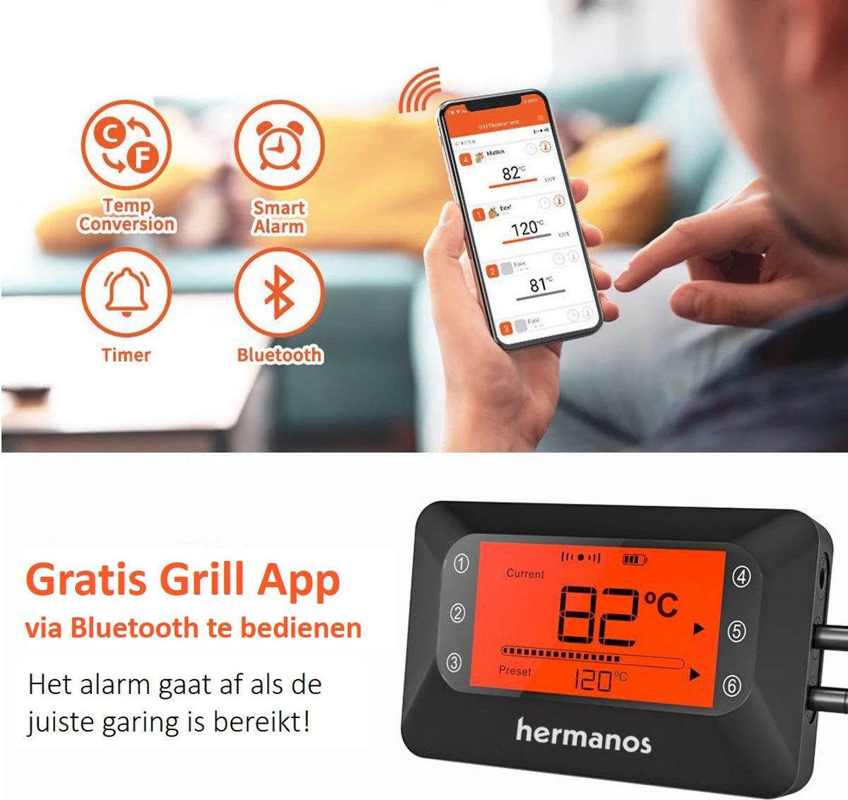Hermanos® Digitale BBQ Thermometer Draadloos - Keukenthermometer - Bluetooth met app - 4 Sondes - Magneet - Incl. Batterijen Hermanos® Digitale BBQ Thermometer Draadloos - Keukenthermometer - Bluetooth Met App - 4 Sondes - Magneet - Incl. Batterijen -Beroemde Keukenserie Winkel