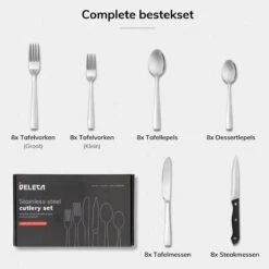 Deleca 8 Persoons Bestekset (48-delig) - Lepels, Messen, Vorken & Steakmessen - Vaatwasserbestendig - Zilver / RVS -Beroemde Keukenserie Winkel 1200x1200 676
