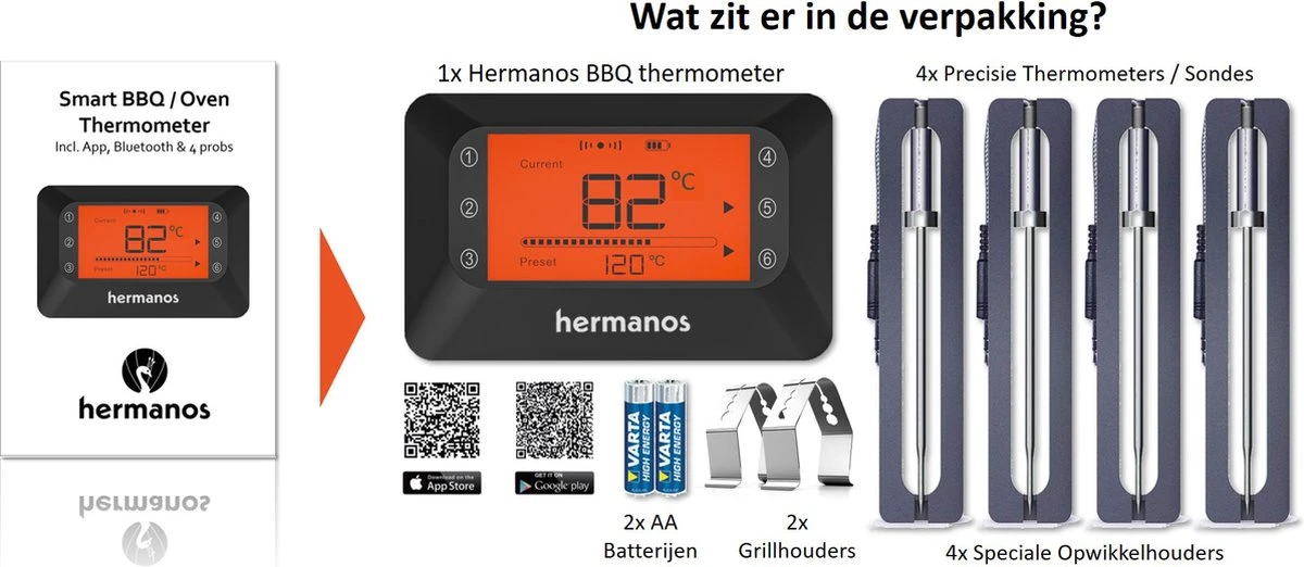 Hermanos® Digitale BBQ Thermometer Draadloos - Keukenthermometer - Bluetooth met app - 4 Sondes - Magneet - Incl. Batterijen Hermanos® Digitale BBQ Thermometer Draadloos - Keukenthermometer - Bluetooth Met App - 4 Sondes - Magneet - Incl. Batterijen -Beroemde Keukenserie Winkel 1200x522 1