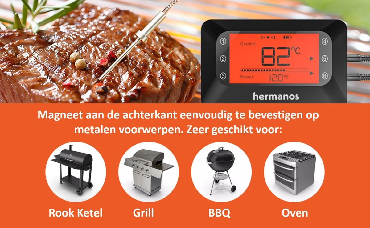Hermanos® Digitale BBQ Thermometer Draadloos - Keukenthermometer - Bluetooth met app - 4 Sondes - Magneet - Incl. Batterijen Hermanos® Digitale BBQ Thermometer Draadloos - Keukenthermometer - Bluetooth Met App - 4 Sondes - Magneet - Incl. Batterijen -Beroemde Keukenserie Winkel