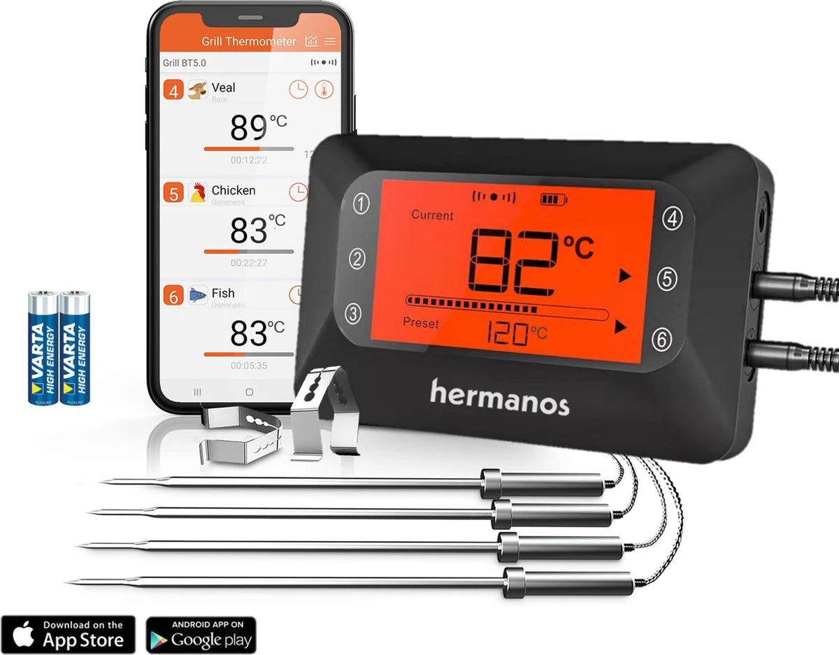 Hermanos® Digitale BBQ Thermometer Draadloos - Keukenthermometer - Bluetooth met app - 4 Sondes - Magneet - Incl. Batterijen Hermanos® Digitale BBQ Thermometer Draadloos - Keukenthermometer - Bluetooth Met App - 4 Sondes - Magneet - Incl. Batterijen -Beroemde Keukenserie Winkel 1200x937 3